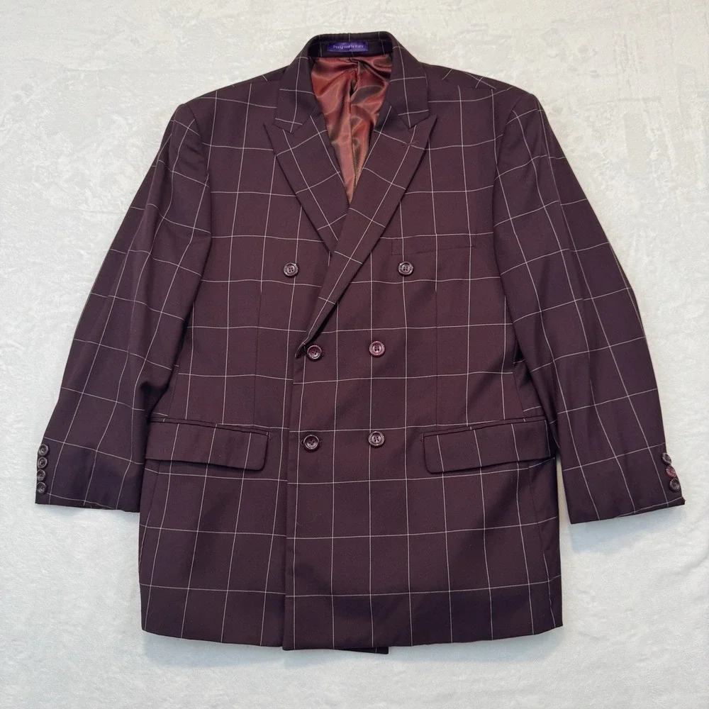 Designed‎ in Italy Mens Burgundy Windowpane Double Breasted Blazer Jacket 42R